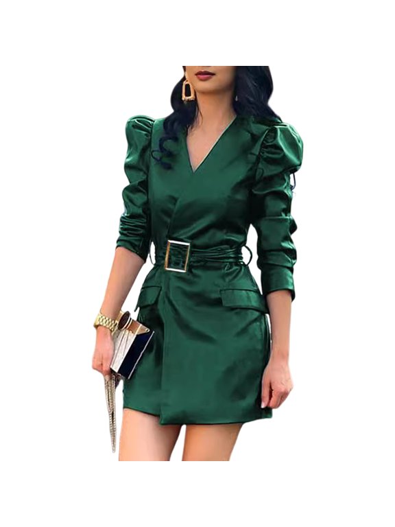Spring Women Dress V Neck Belted Waist Smooth Faux Leather Long Bubble Sleeves Solid Color Commuting Shopping Office Mini Dress
