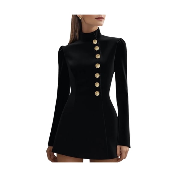 Quixlent Stand Collar Work Dress for Women Long Sleeve Single-Breasted Suit Dress Formal Church Office Sheath Dress