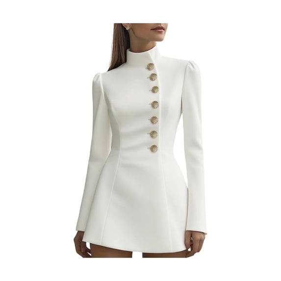 Quixlent Stand Collar Work Dress for Women Long Sleeve Single-Breasted Suit Dress Formal Church Office Sheath Dress