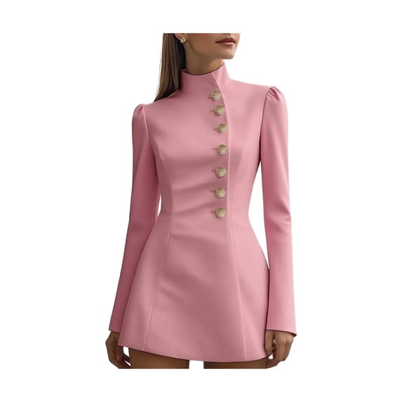 Quixlent Stand Collar Work Dress for Women Long Sleeve Single-Breasted Suit Dress Formal Church Office Sheath Dress