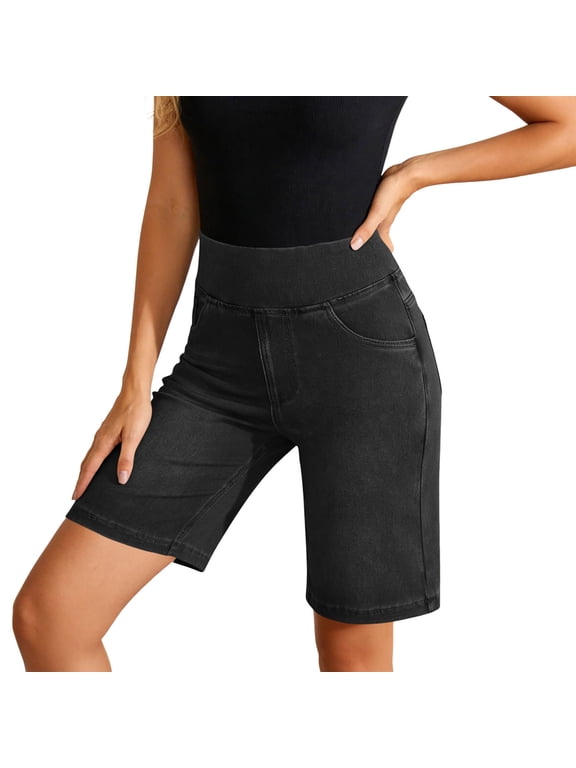 Stretchy Jean Shorts for Women High Waisted Tummy Control Pull on Denim Shorts Summer Casual Knee Length Jorts with Pockets