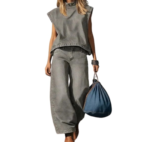 Quixlent Summer 2 Piece Denim Set for Women Cap Sleeve Mock Neck Top And Wide Leg Pants Set Casual Loose Loungewear Outfit