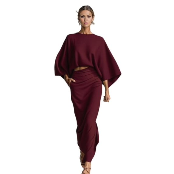 Quixlent Summer 2 Piece Skirt Sets for Women Batwing Long Sleeve Top And High Waist Ruched Maxi Skirt Matching Set Summer Vacation Lounge Outfits