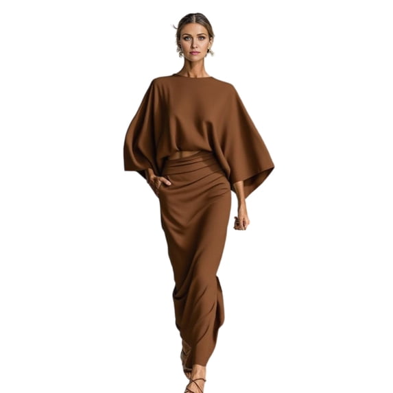 Quixlent Summer 2 Piece Skirt Sets for Women Batwing Long Sleeve Top And High Waist Ruched Maxi Skirt Matching Set Summer Vacation Lounge Outfits