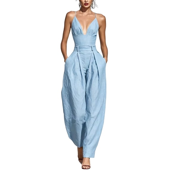 Quixlent Summer Jumpsuits for Women, Sleeveless Spaghetti Strap Overall, V Neck Casual One Piece Outfits with Pockets
