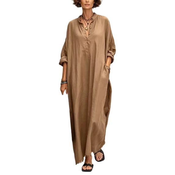 Quixlent Summer Maxi Dress for Women, V-Neck Casual Oversized Boho Long Dress, Long Sleeve Button Up Vacation Sundress with Pockets