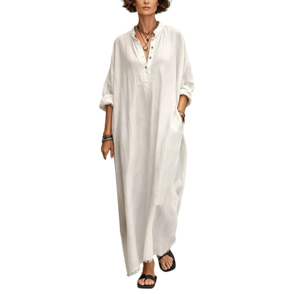 Quixlent Summer Maxi Dress for Women, V-Neck Casual Oversized Boho Long Dress, Long Sleeve Button Up Vacation Sundress with Pockets