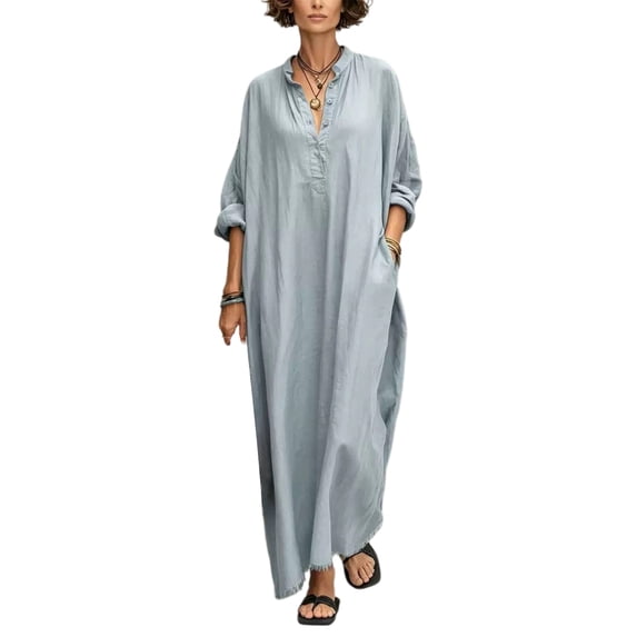 Quixlent Summer Maxi Dress for Women, V-Neck Casual Oversized Boho Long Dress, Long Sleeve Button Up Vacation Sundress with Pockets