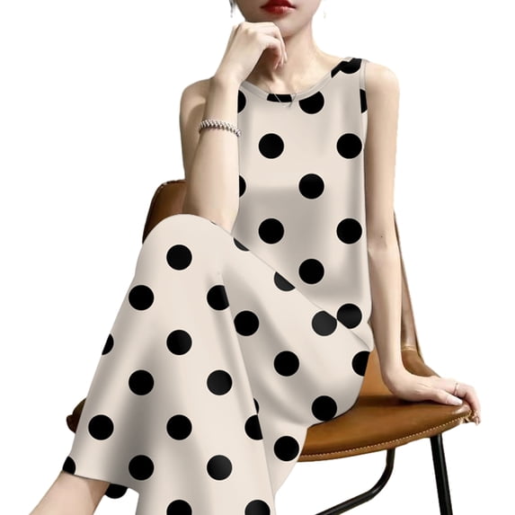 Quixlent Summer Polka Dots Tank Dress for Women Casual Crew Neck Beach Vacation Sundress Loose Sleeveless Midi Dress