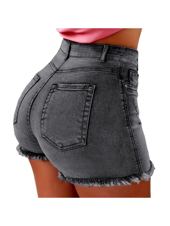 Summer Women Shorts High Waist Washed Retro Distressed Ripped Edge Solid Color Butt-lifted Slim Fit Side Pockets Casual Club Party Short Pants
