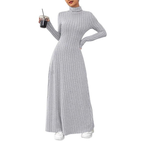 Quixlent Sweater Dress for Women Casual Long Sleeve High Neck Ribbed Knit A-Line Dress Fall Winter Pullover Tunic Maxi Dress