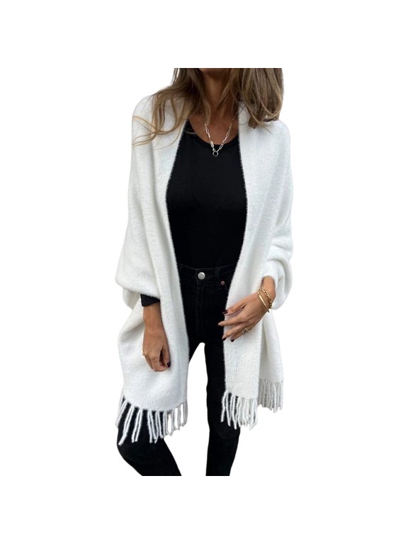 Winter Fall Women Jacket Thick Fleece Fringe Tassel Hem Long Bat Sleeves Open Stitch Cardigan Knitted Fuzzy Mid Length Coat Outdoor Daily Wear Shawl