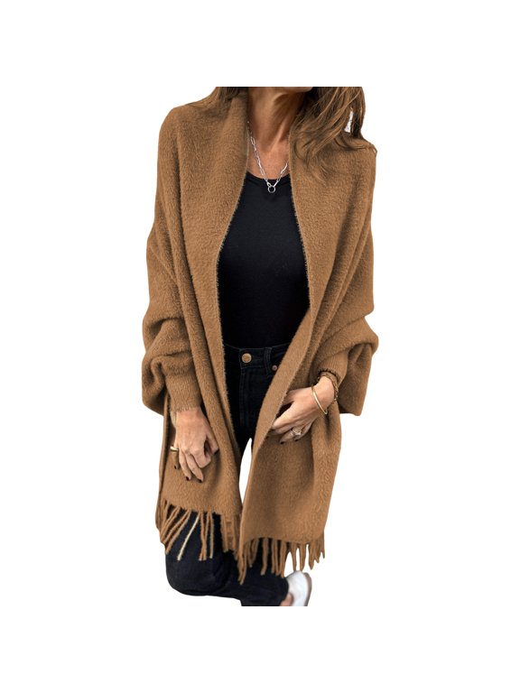 Winter Fall Women Jacket Thick Fleece Fringe Tassel Hem Long Bat Sleeves Open Stitch Cardigan Knitted Fuzzy Mid Length Coat Outdoor Daily Wear Shawl