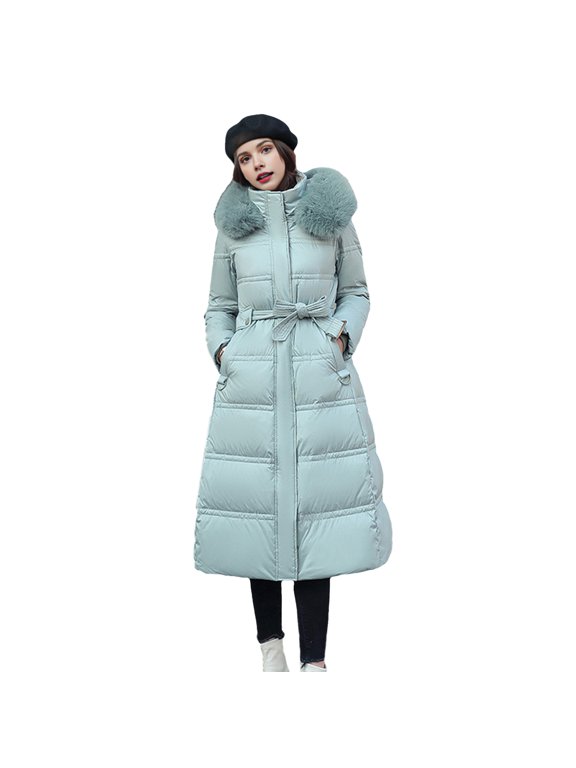 Winter Women Cotton Jacket with Hood Neck Protection Long Sleeves Pockets Mid-calf Length Zipper Closure Padded Coat Solid Color Windproof Outwear Parka