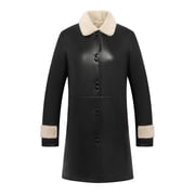 Quixlent Winter Women Jacket Smooth Faux Leather Furry Turn-down Collar Plus Size Windproof Outerwear Long Sleeves Single-breasted Mid Length Pockets Thickened Lady Coat
