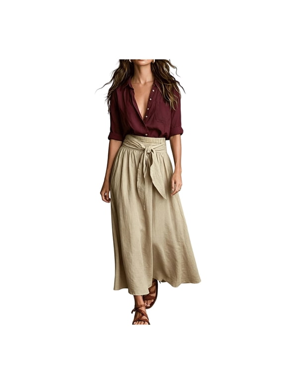 Women 2 Piece Maxi Skirt Set Long Sleeve Button Down Shirt And High Waist Skirt Matching Outfits Summer Vacation Lounge Sets