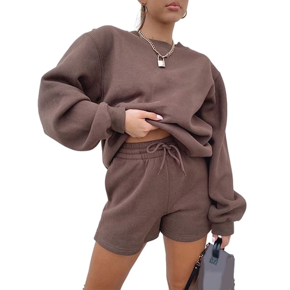 Quixlent Women 2 Piece Outfits Oversized Casual Lounge Matching Set Fall Long Sleeve Sweatshirt Shorts Tracksuit Sets
