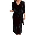 thumbnail image 1 of Quixlent Women Autum Spring Dress Cross V Neck Solid Color Lace-up Tight Waist Velvet Mid-calf Length Long Sleeves Pleated Dating Commuting Midi Dress, 1 of 8