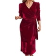 thumbnail image 1 of Quixlent Women Autum Spring Dress Cross V Neck Solid Color Lace-up Tight Waist Velvet Mid-calf Length Long Sleeves Pleated Dating Commuting Midi Dress, 1 of 8