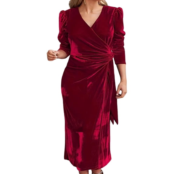Quixlent Women Autum Spring Dress Cross V Neck Solid Color Lace-up Tight Waist Velvet Mid-calf Length Long Sleeves Pleated Dating Commuting Midi Dress