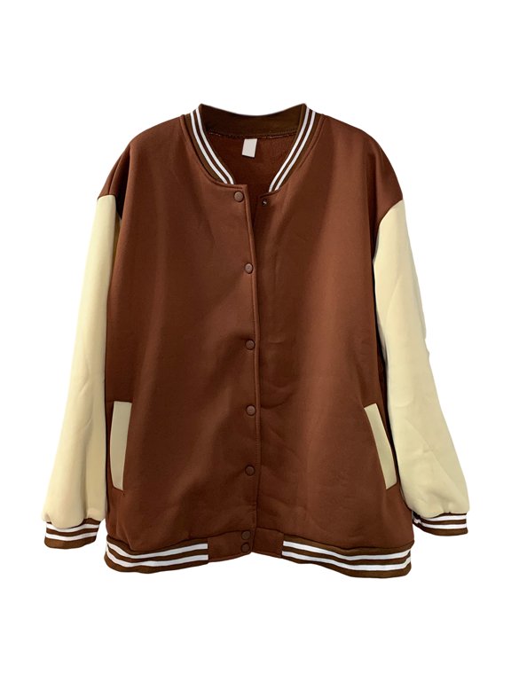 Women Baseball Coat Color Matching Elastic Cuff Hem Stand Collar Unisex Loose Outwear Single-breasted Retro American Style Streetwear Couple Jacket
