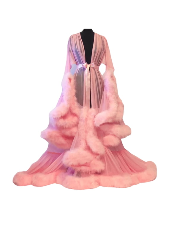 Women Bath Party Dress See-through Mesh Fluffy Sleeve Pleated A-line Lace-up Bow Waist Seductive Wedding Night Honeymoon Bathrobe Nightdress