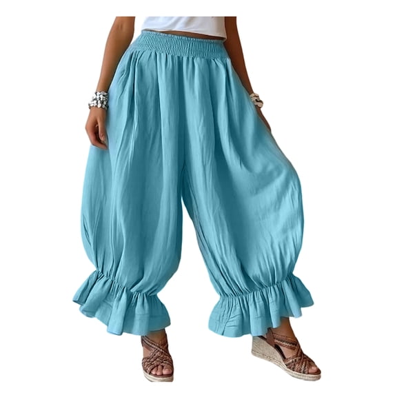 Quixlent Women Bloomers, High Elastic Waistband Wide Leg Trousers, Bohemian Ruffled Cuffs Super Loose Harem Pants for Casual Commuting Travel Wear