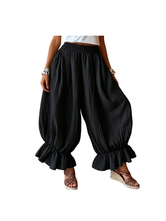 Women Bloomers, High Elastic Waistband Wide Leg Trousers, Bohemian Ruffled Cuffs Super Loose Harem Pants for Casual Commuting Travel Wear