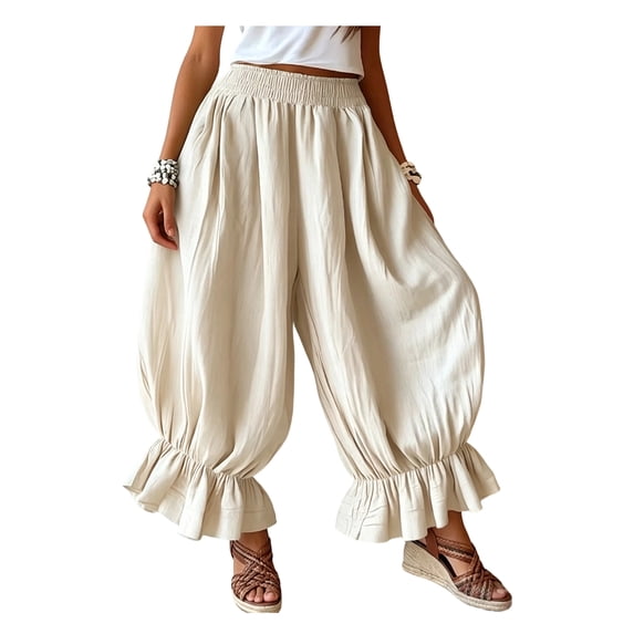 Quixlent Women Bloomers, High Elastic Waistband Wide Leg Trousers, Bohemian Ruffled Cuffs Super Loose Harem Pants for Casual Commuting Travel Wear