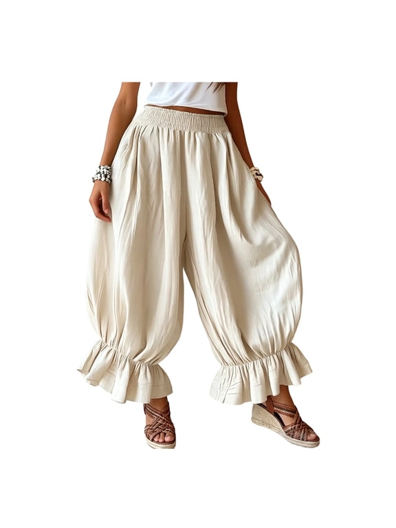 Women Bloomers, High Elastic Waistband Wide Leg Trousers, Bohemian Ruffled Cuffs Super Loose Harem Pants for Casual Commuting Travel Wear