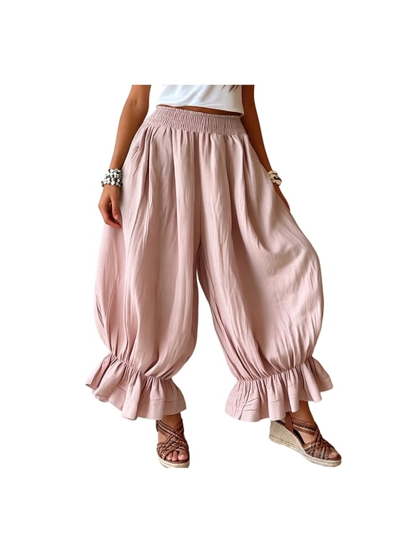 Women Bloomers, High Elastic Waistband Wide Leg Trousers, Bohemian Ruffled Cuffs Super Loose Harem Pants for Casual Commuting Travel Wear