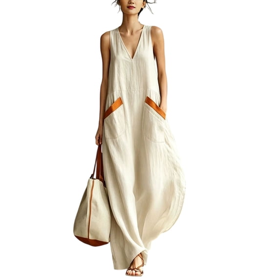 Quixlent Women Boho Sleeveless Maxi Dress, V Neck Flowy Long Tank Dress, Summer Casual A-line Loose Dress with Pockets