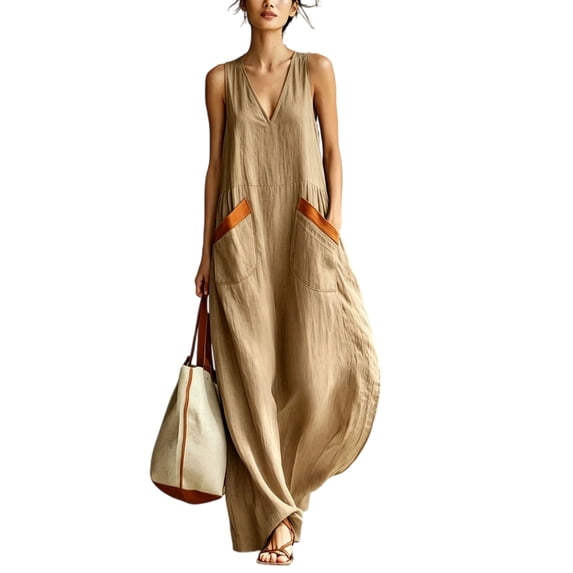 Quixlent Women Boho Sleeveless Maxi Dress, V Neck Flowy Long Tank Dress, Summer Casual A-line Loose Dress with Pockets