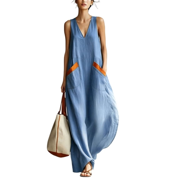 Quixlent Women Boho Sleeveless Maxi Dress, V Neck Flowy Long Tank Dress, Summer Casual A-line Loose Dress with Pockets