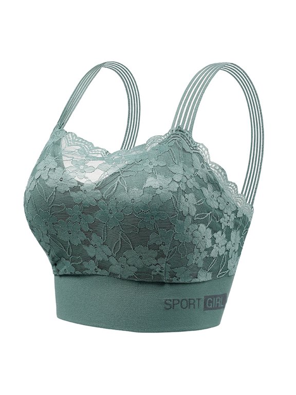 Women Bra Wide Shoulder Strap Hollow Out Floral Pattern Lace Seamless Bandeau Anti-exposure Maximum Comfort Shockproof Push-up Anti-snagging Wireless Yoga Daily Bra