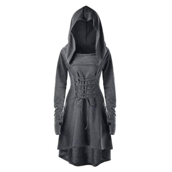 Quixlent Women Cosplay Dress Gothic Solid Color Lace-up Strap Slim Waist Irregular Hem Hooded Long Sleeves Theme Parties Role-Playing Festival Halloween Midi Dress