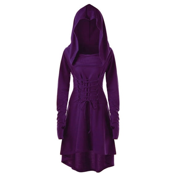 Quixlent Women Cosplay Dress Gothic Solid Color Lace-up Strap Slim Waist Irregular Hem Hooded Long Sleeves Theme Parties Role-Playing Festival Halloween Midi Dress
