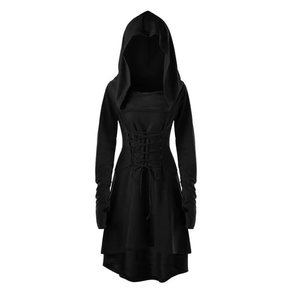 Quixlent Women Cosplay Dress Gothic Solid Color Lace-up Strap Slim Waist Irregular Hem Hooded Long Sleeves Theme Parties Role-Playing Festival Halloween Midi Dress