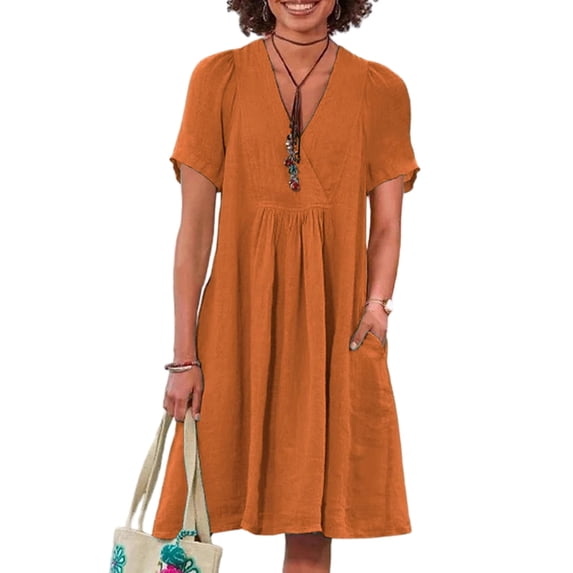 Quixlent Women Cotton Linen Dress Short Sleeve V Neck A-Line Swing Dress Summer Casual Beach Vacation Sundress with Pockets