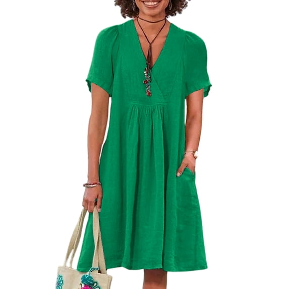 Quixlent Women Cotton Linen Dress Short Sleeve V Neck A-Line Swing Dress Summer Casual Beach Vacation Sundress with Pockets