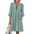 thumbnail image 1 of Quixlent Women Cotton Linen Dress Short Sleeve V Neck A-Line Swing Dress Summer Casual Beach Vacation Sundress with Pockets, 1 of 8