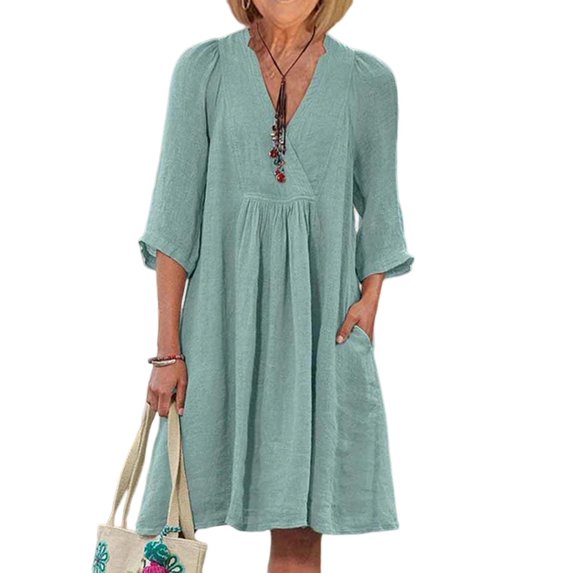 Quixlent Women Cotton Linen Dress Short Sleeve V Neck A-Line Swing Dress Summer Casual Beach Vacation Sundress with Pockets