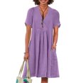 thumbnail image 1 of Quixlent Women Cotton Linen Dress Short Sleeve V Neck A-Line Swing Dress Summer Casual Beach Vacation Sundress with Pockets, 1 of 8