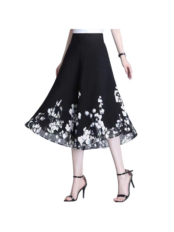Women Cropped Pants Wide Leg Thin Chiffon Trousers Elastic High Waist Flower Print Loose Fit Culottes Streetwear