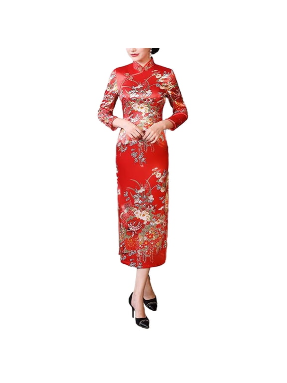 Women Dress Chinese National Style Floral Print Stand Collar Three Quarter Sleeves High Side Split Chinese Knot Buttons Cheongsam Satin Silky Slim Fit Summer Spring Qipao