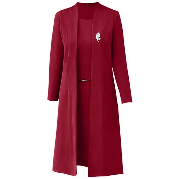Quixlent Women Dress Coat Suit Spring Fall Elegant Solid Color Middle-age Ladies Female Open Front Long Cardigan O Neck Sleeveless Dress Kit