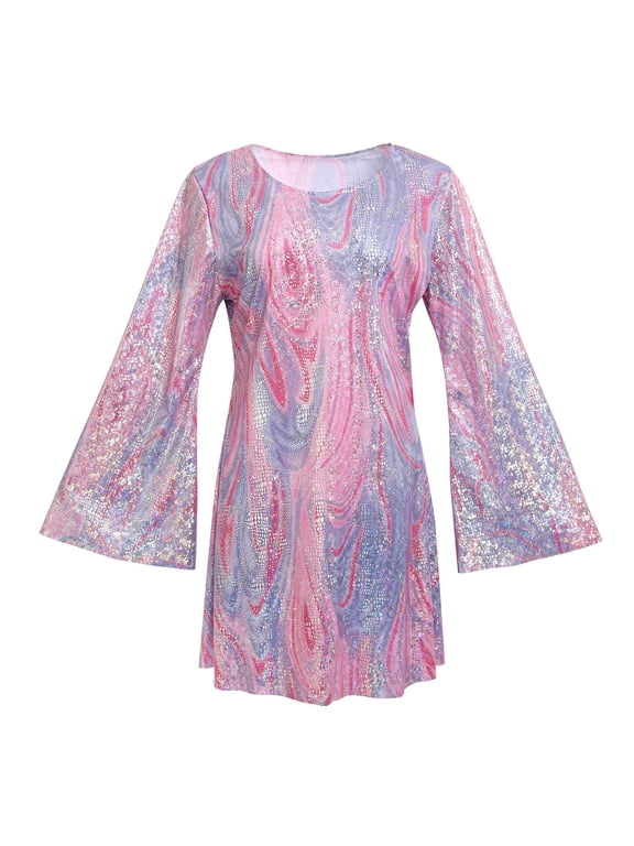Women Dress Retro Sequin Bell Sleeves Plus Size Loose Fit Printed Halloween Cosplay Disco Dance Performance Party Bronzing Evening Dress