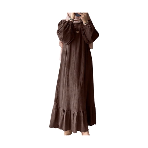 Quixlent Women Dress Round Neck Puff Long Sleeve Loose Fit Maxi Dress with Layered Ruffle Hem Puff Sleeves Holiday Wear