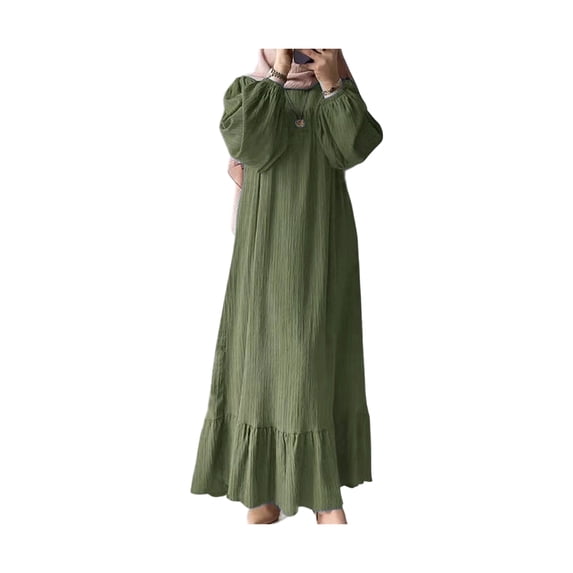 Quixlent Women Dress Round Neck Puff Long Sleeve Loose Fit Maxi Dress with Layered Ruffle Hem Puff Sleeves Holiday Wear