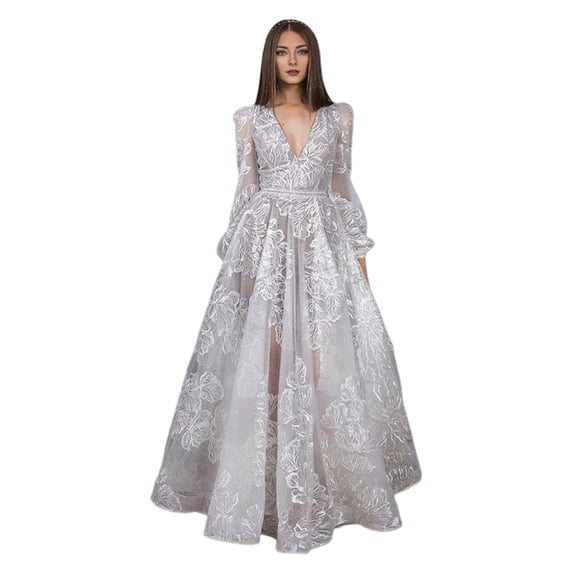 Quixlent Women Evening Dress Deep V Neck Lace Floral Embroideried Maxi Dress A-line Big Swing Long Lantern Sleeves High Waist Pleated Ball Gown Prom Party Dress